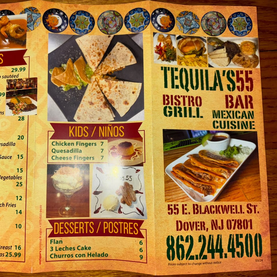 A Tequila's 55 Mexican restaurant menu displaying various dishes like quesadillas, tacos, and desserts.